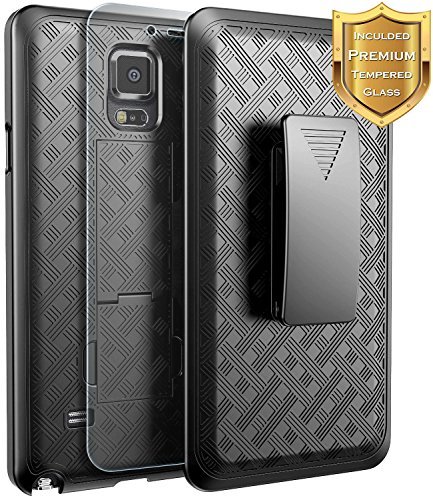 NageBee Galaxy Note 4 Case with [Tempered Glass Screen Protector], Combo Shell & Holster Case Super Slim Case w/Built-in Kickstand [Swivel Belt Clip] for Samsung Galaxy Note 4 [SM-N910] - Black