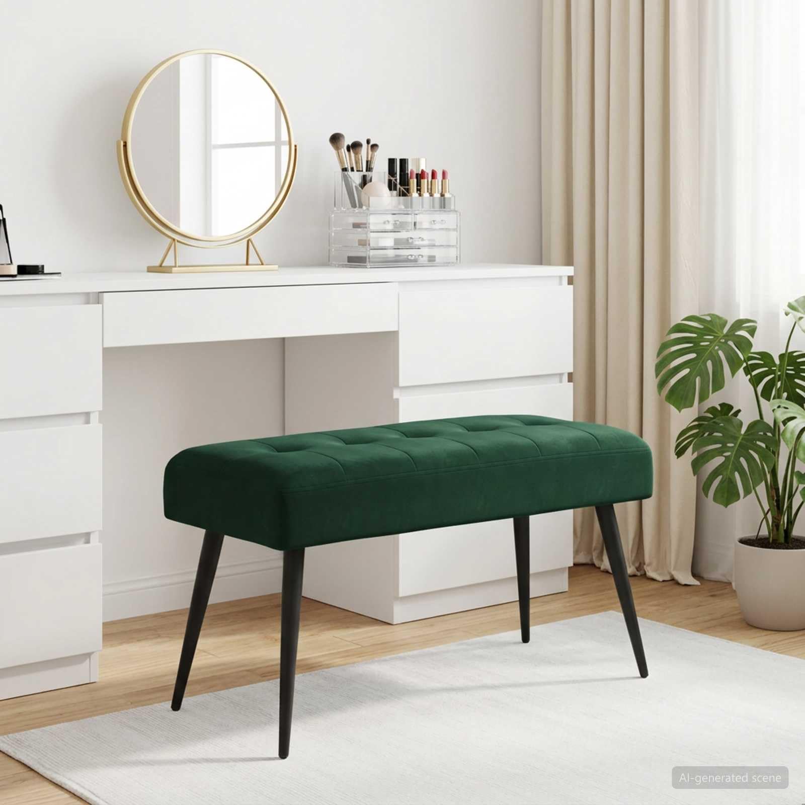 Bank mit Knopfheftung Dunkelgrün Samt Polsterbank 80 x 40 x 46 cm mit Metallbeinen für Flur Schlafzimmer Wohnzimmer Esszimmer als Garderobenbank und Schuhbank