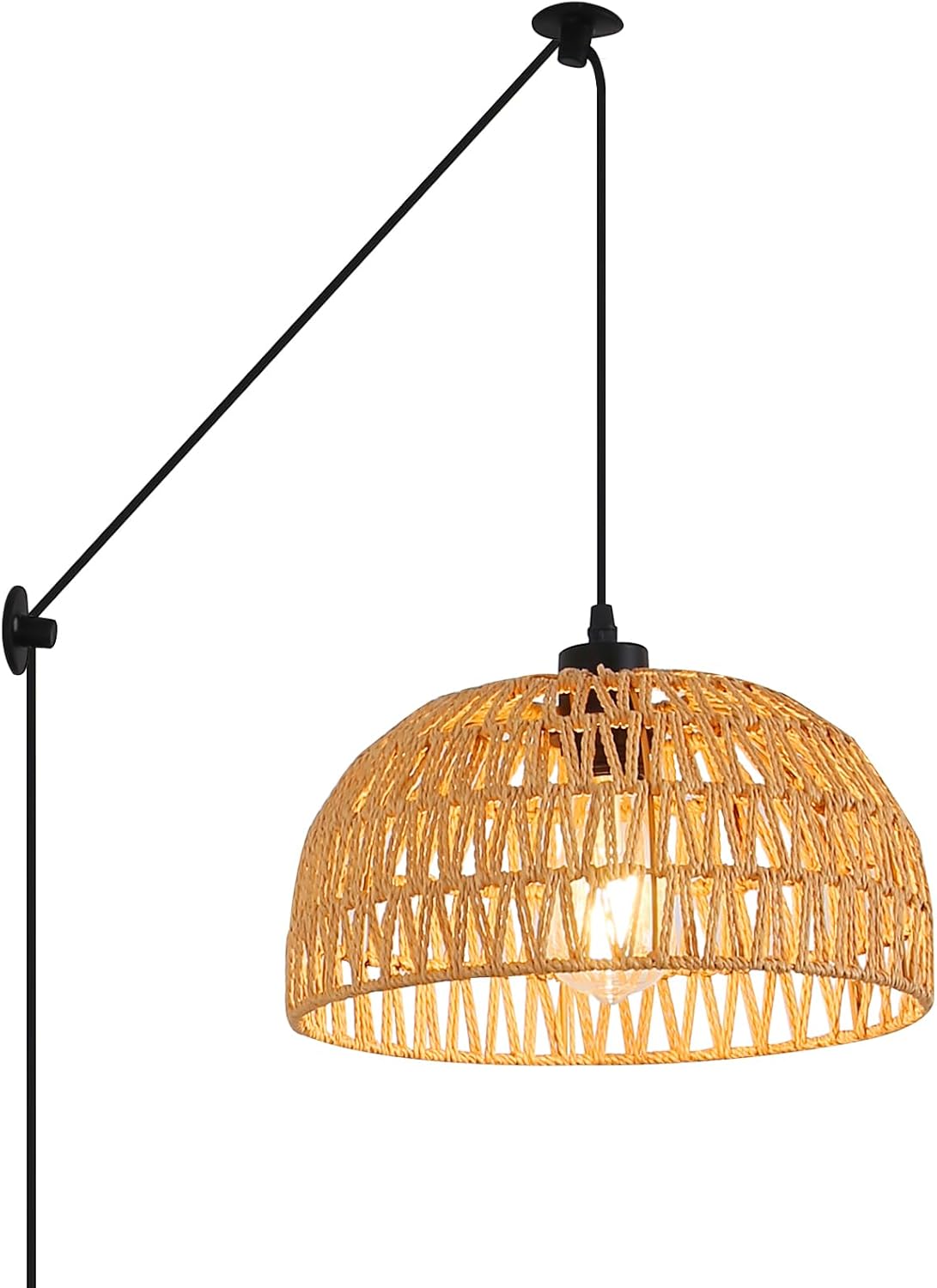 Boho Rattan Pendant Lamps with Plug in Cord for Living Room, Wall Mounted Hang Lighting for Bedroom, Brown Wicker Round Lampshade with E26 Socket
