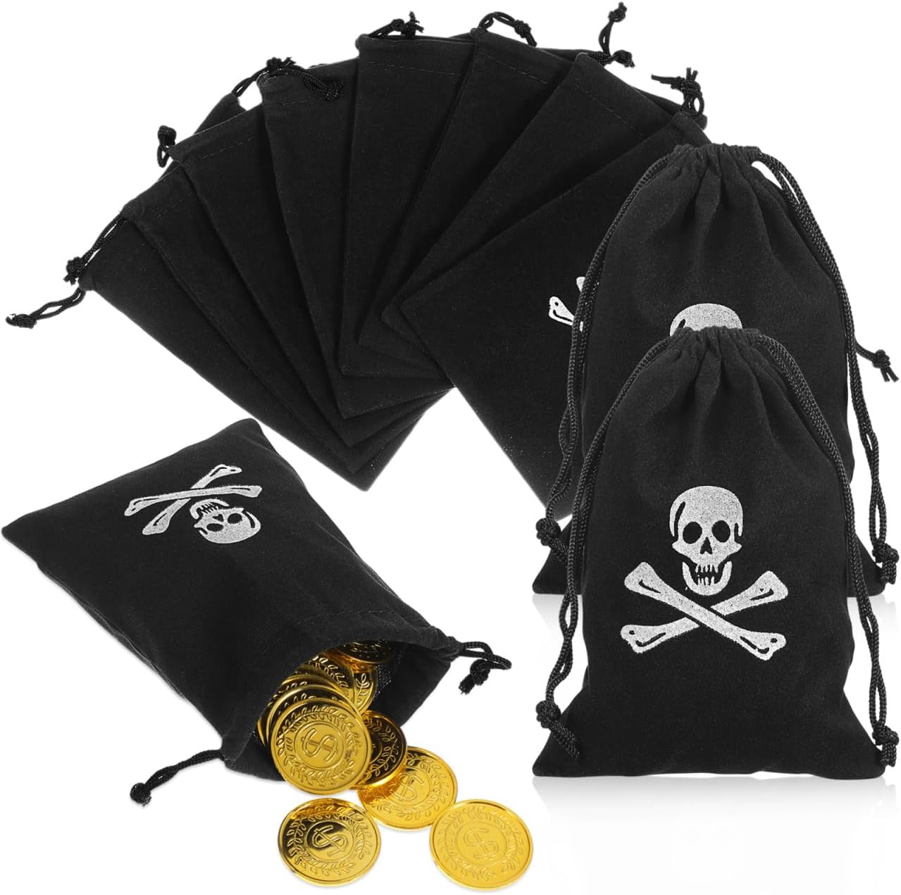20 Pcs Pirate Treasure Bags, Skull Drawstring Loot Pouch for Kids