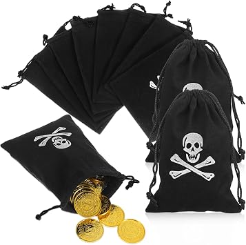 MUCKLILY 20Pcs Pirate Coin Bags Drawstring Pouches for Halloween Durable Skull Design for Parties and Festive Decorations Candy Packaging and Present Containers