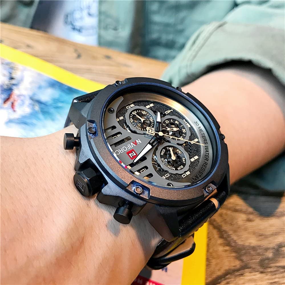 NAVIFORCE Orologio sportivo militare da uomo, impermeabile, analogico, al quarzo, cinturino in pelle, data, calendario, orologio da polso