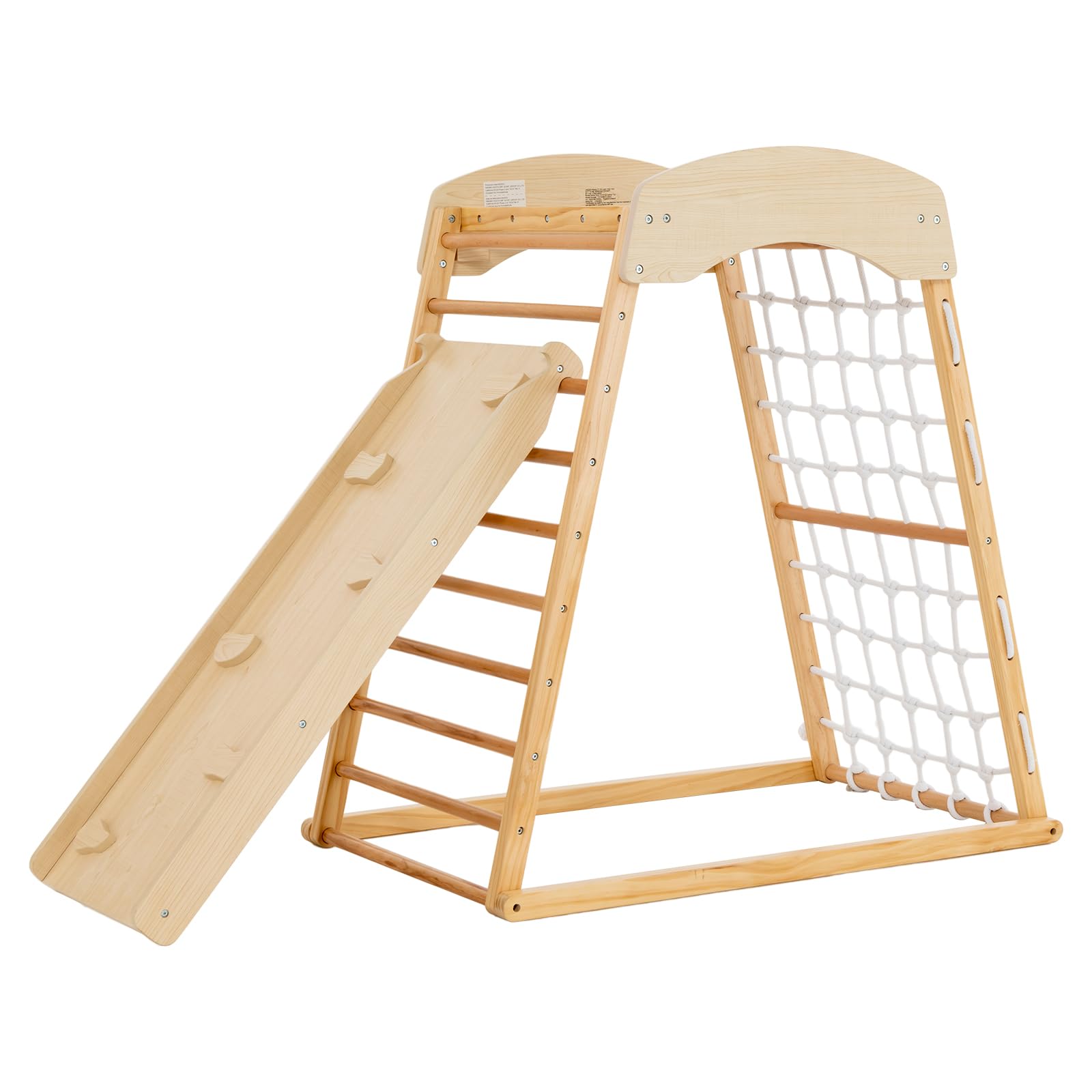 GLACER Indoor Jungle Gym, Wooden Montessori Climbing Toys w/Double-Sided Slide, Ladder & Climbing Net/Rock, All-in-1 Toddler Playset Climber, Indoor Playground for Kids 1-3 Boys Girls (Natural)