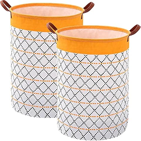 [2 Pack] Large Laundry Hamper Basket, 63L Freestanding Waterproof Clothes Basket, Collapsible Round Bohemia Storage Organizer with Leather Handles for Dirty Clothes, Home Storage (Yellow) Cover