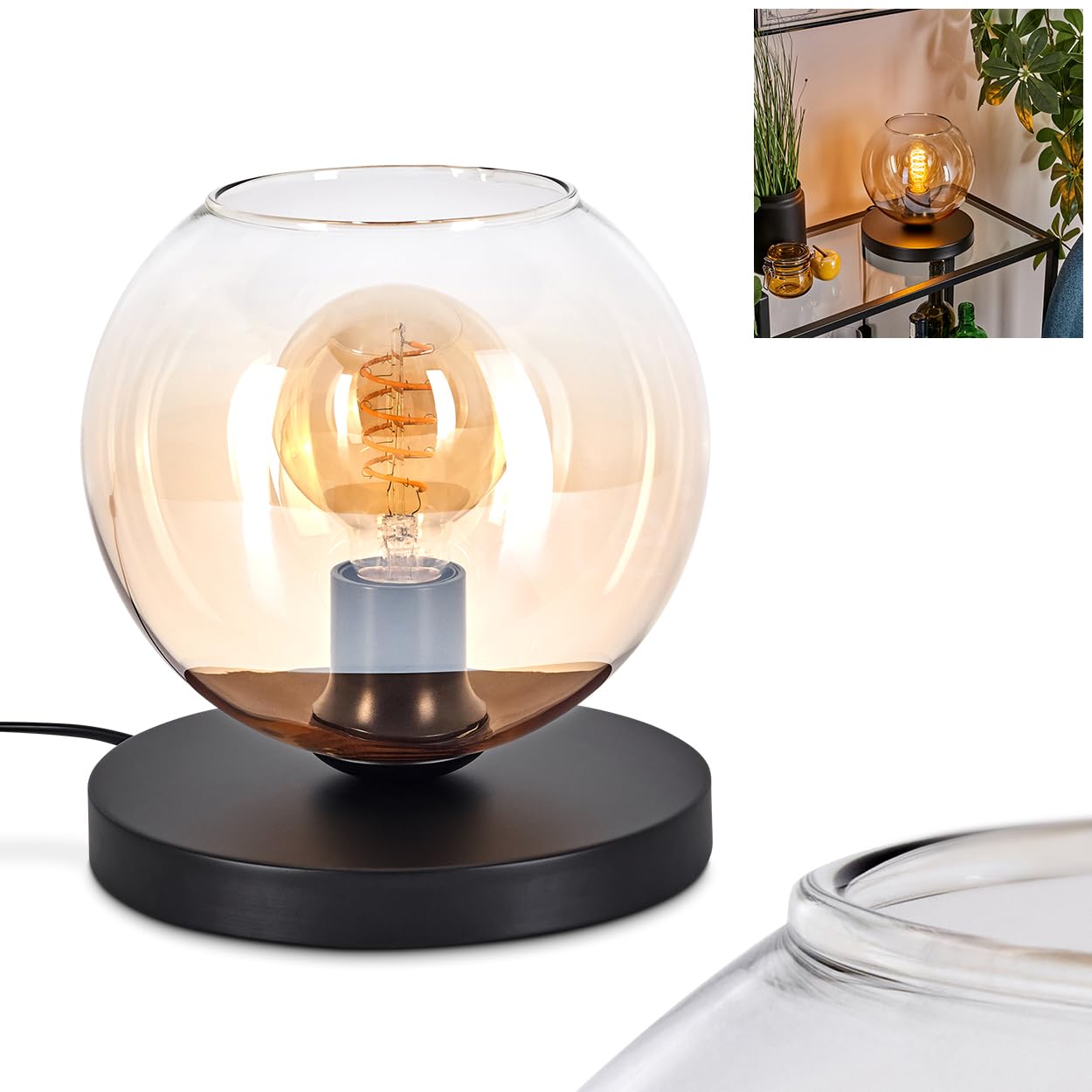 Tischleuchte Apedo, Tischlampe aus Metall/Glas in Schwarz/Bernstein/Klar, Leuchte im modernen Retro/Vintage-Design mit Schirm aus Glas (Ø 20 cm) u. An/-Auschalter am Kabel, 1 x E27, ohne Leuchtmittel