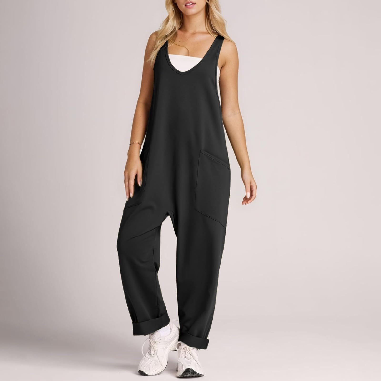 Litthing Salopette Femme Ample Combinaisons sans Manches avec Poches Lâches Salopette de Travail Femme Larges Bretelles Décontractée Combishort D'été