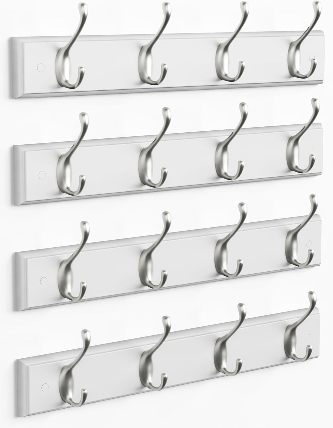 Forbena White Coat Rack Wall Mount 4-Pack, Coat Hanger Wall Mounted for Hanging Clothes Purse, Modern Key Holder Hooks for Closet Hat, Belt, Bag, Backpack, Leash (White and Silver – 16 Hooks)