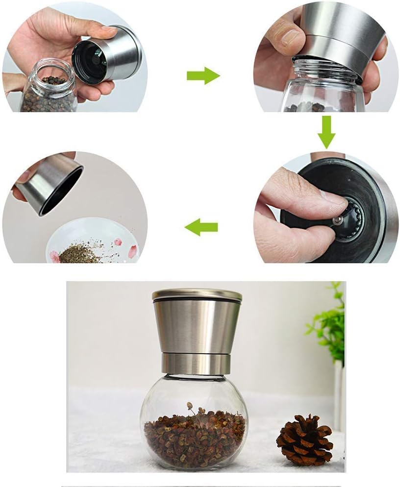 Modern Design Stainless Steel Salt and Pepper Grinder Set - Brushed Stainless Steel Pepper Mill and Salt Mill Glass Round Body Adjustable Ceramic Rotor.