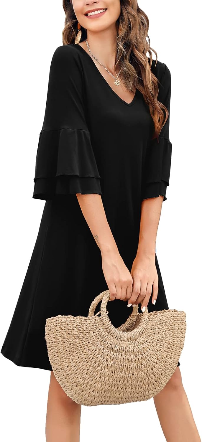 Gracyoga Women's 2023 Summer Dress Sweet Cute V-Neck Ruffle Bell Sleeve Flowy Dress Shift Mini Dresses - Image 2