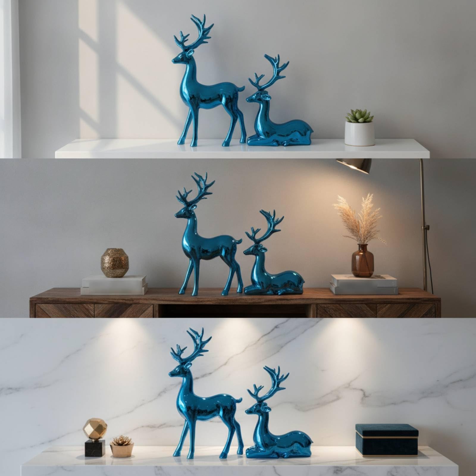 Figura de Ciervo Estatua Escultura Adorno Ornamento con Diseño Elegante y Brillo Espejo en Resina Combina con Interiores Modernos Adecuada para Mueble, Azul