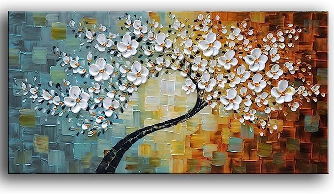 Fokenzary Hand Painted Abstract Modern Flowers Thick 3D Effect Knife Canvas Painting Framed Ready to Hang (20x40in)