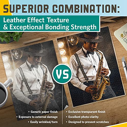 Textured Self Adhesive Laminating Sheets, Leather Finish, 9 x 11.5 Inches, 4 Mil Thick, 10 Pack, Suitable for Letter Size Self Sealing Lamination Sheets 8.5 x 11, Laminating Pouches