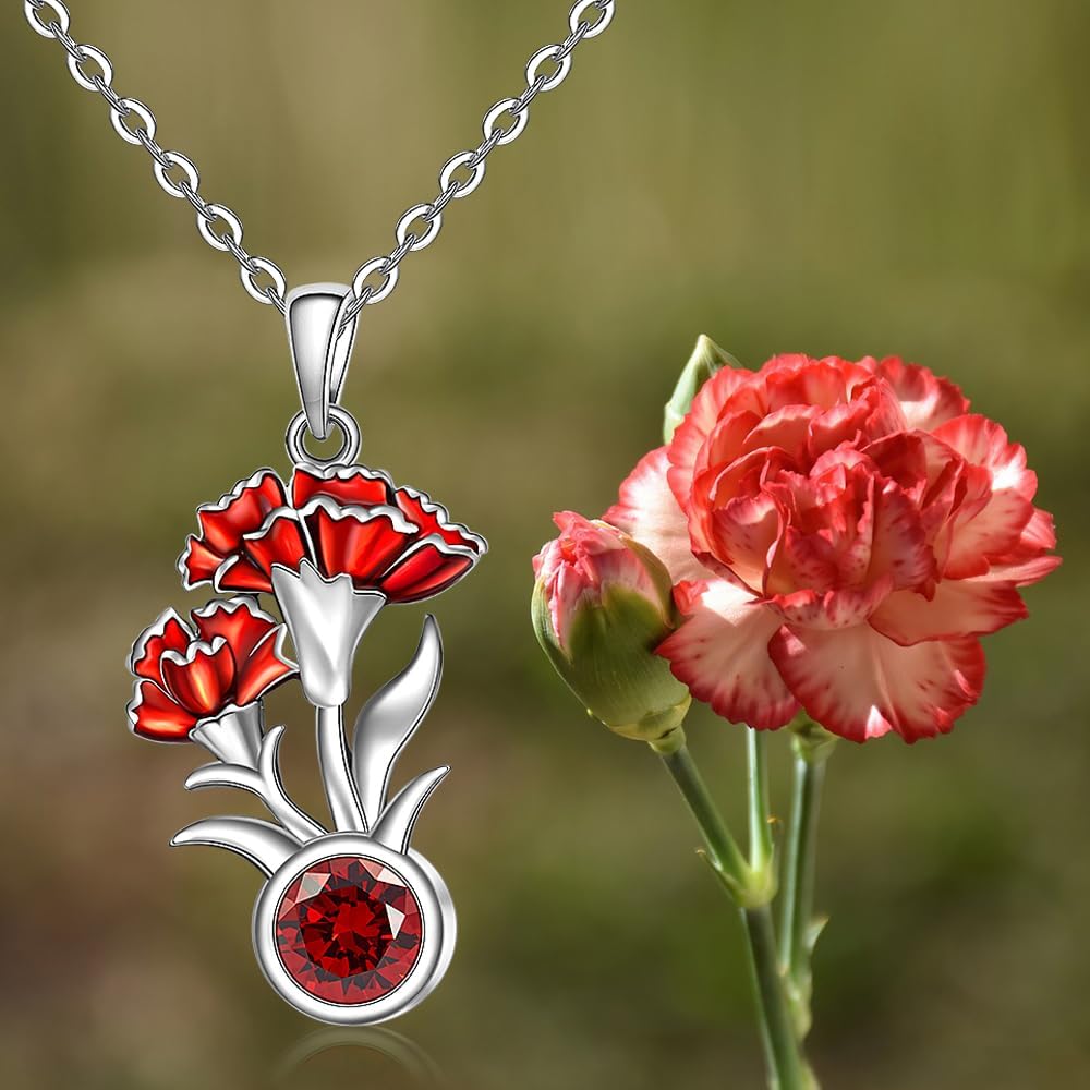 Fenthring Birth Flower Necklace January Birthstone Carnation Flower Necklace for Women Sterling Silver Carnation Pendant Floral Jewelry Mothers Day Birthday Christmas Gifts - Image 8