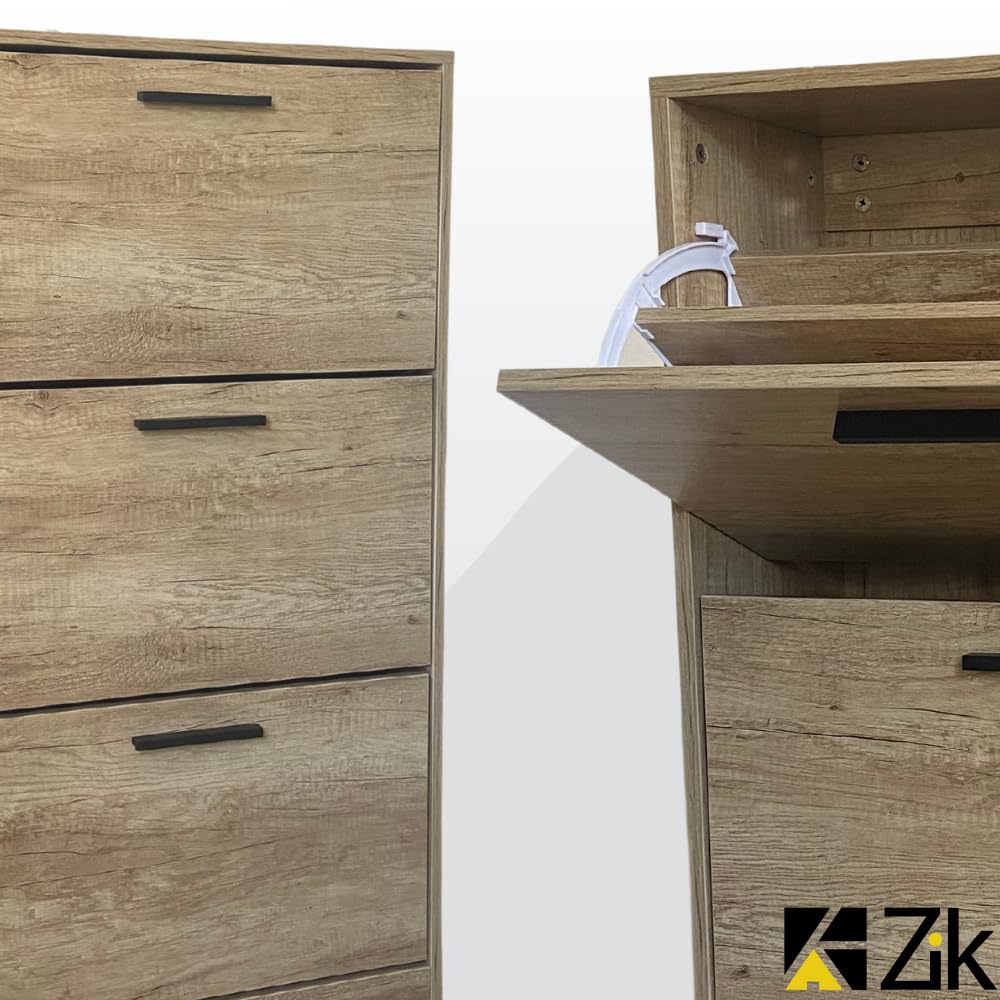 ZIK - Scarpiera Salvaspazio Slim in Legno (63x24x115h) Scarpiera da Ingresso Verticale, Moderna, Scaffale Scarpe di Design Vari Colori per Vari Stili di Arredamento (Rovere - Maniglie Nere)