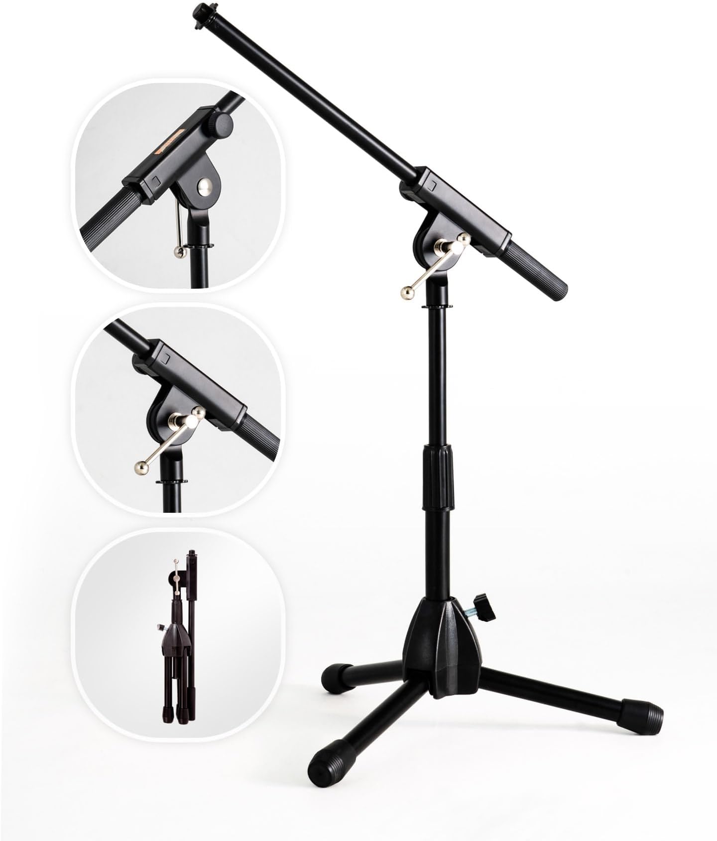 Foldable Tripod Low-Profile Mic Boom Stand - Height Extending from 9.6'' to 16.9'', w/Adjustable Telescoping Arm Up to 9'', Lightweight/Convenient, Black, Powered by Hamilton(SR610121B)
