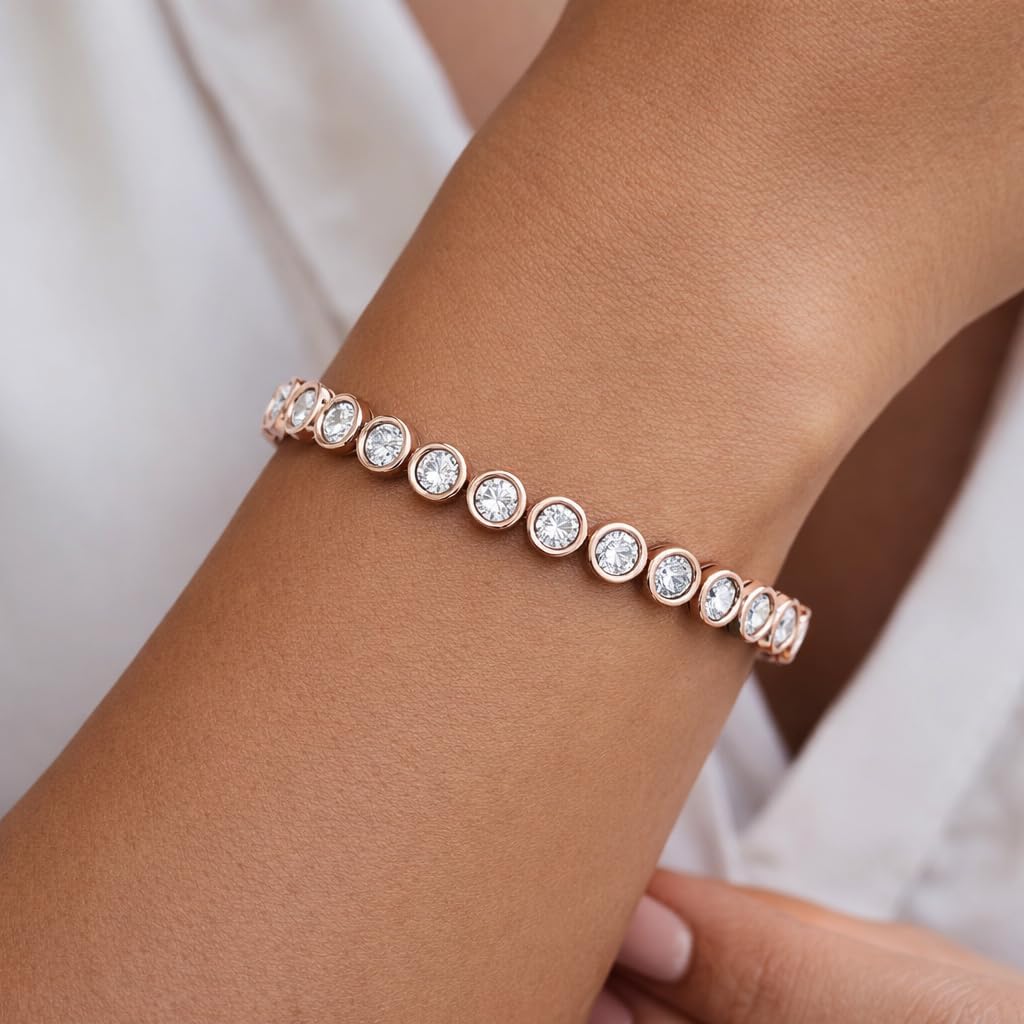 6.00 Carat F-G/VS Lab Grown Round Brilliant Cut Diamond Studded Bezel Set 6.50 Inch Tennis Bracelet for Women Made in Solid Gold