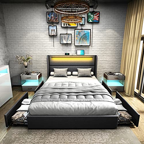 AMERLIFE-Queen-Bed-Frame-with-RGBW-LED-Lights-Headboard-4-Storage-Drawers-Upholstered-Smart-Platform-Bed-with-USB-USB-C-Ports-Box-Spring-Optional-Dark-Grey