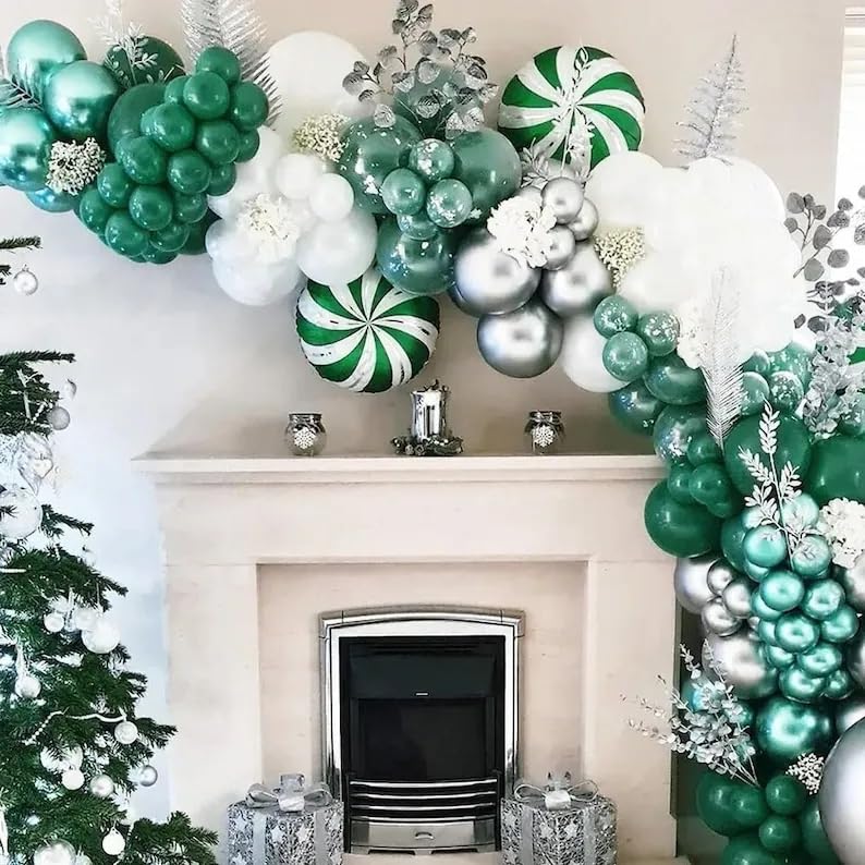 Green Christmas Balloon Garland Arch Kit, 134PCS Retro Green White and Silver Balloons with Pinwheel Foil Balloons for Christmas Baby Shower New Year Winter Holiday Birthday Party Decorations - Image 4