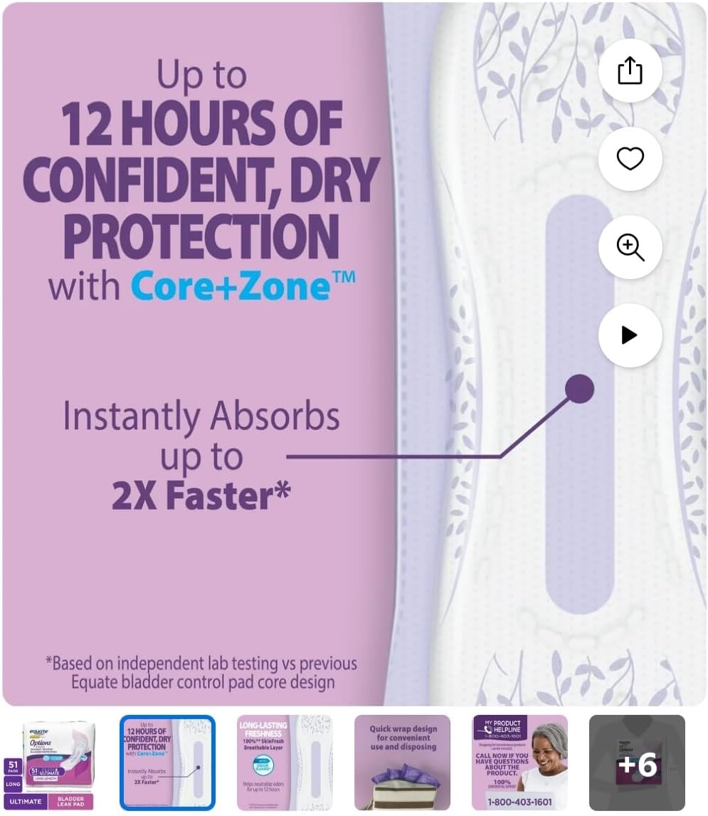 Equate Options Women's Incontinence Pads, Maximum Absorbency, Long Length (51 Units)