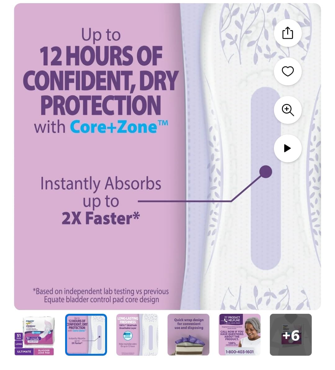 Equate Options Women's Incontinence Pads, Maximum Absorbency, Long Length (51 Units)