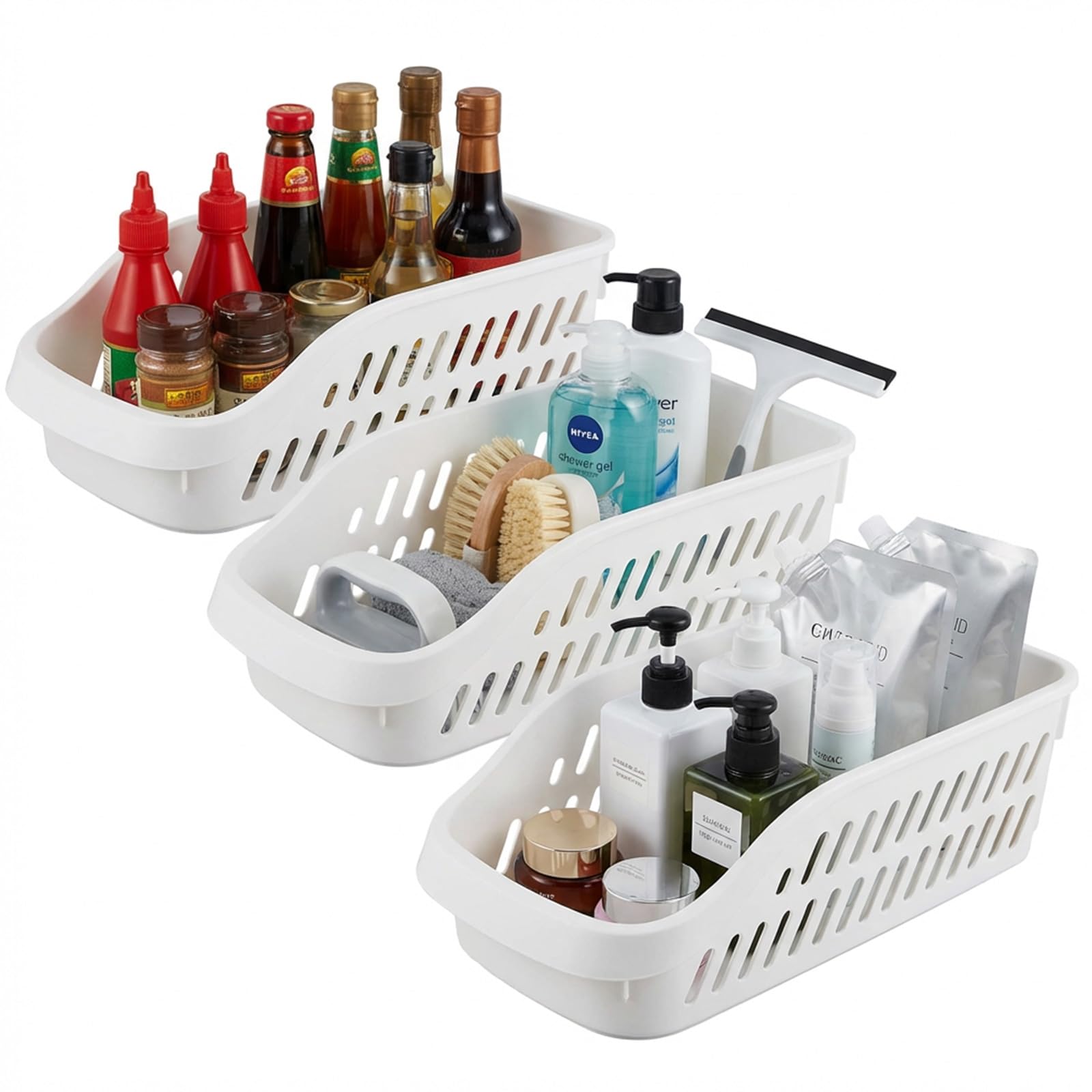 3 Pcs Under Sink Storage with Wheels, Pull Out Under Kitchen Sink Storage, Kitchen Counter Corner Organiser Container Box, Multi-Purpose Plastic Cupboard Basket for Cabinet, Pantry, Bathroom