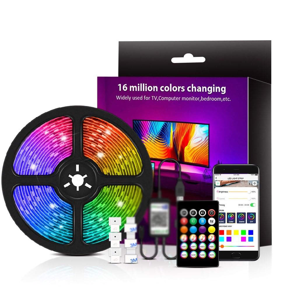 Tira luz LED USB,tira luz LED for TV,control remoto por infrarrojos,control inteligente,LED 16 millones colores,sincronización música,función temporizador,tira retroiluminación for computadora TV ( Si