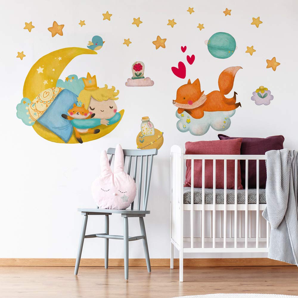 kina - Adesivo Murale Bambini Decorazione Parete Cameretta R00571 - Eco-Tessuto, Ecologico Anallergico, Riposizionabile, Effetto Carezza, Asilo Nido - Grafica Piccolo Principe e Misura 90x30 cm