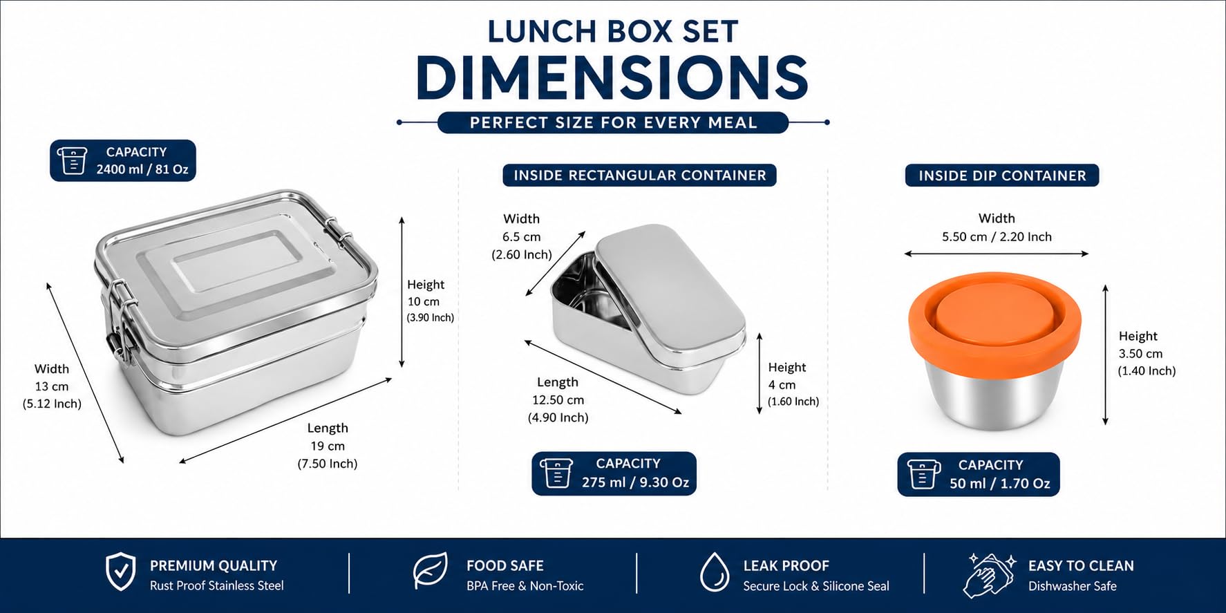Bento Box per adulti in acciaio inox, 2,3 l, impilabile, con contenitore per salse e snack, a prova di perdite, lavabile in lavastoviglie, coperchio in acciaio inox, contenitore