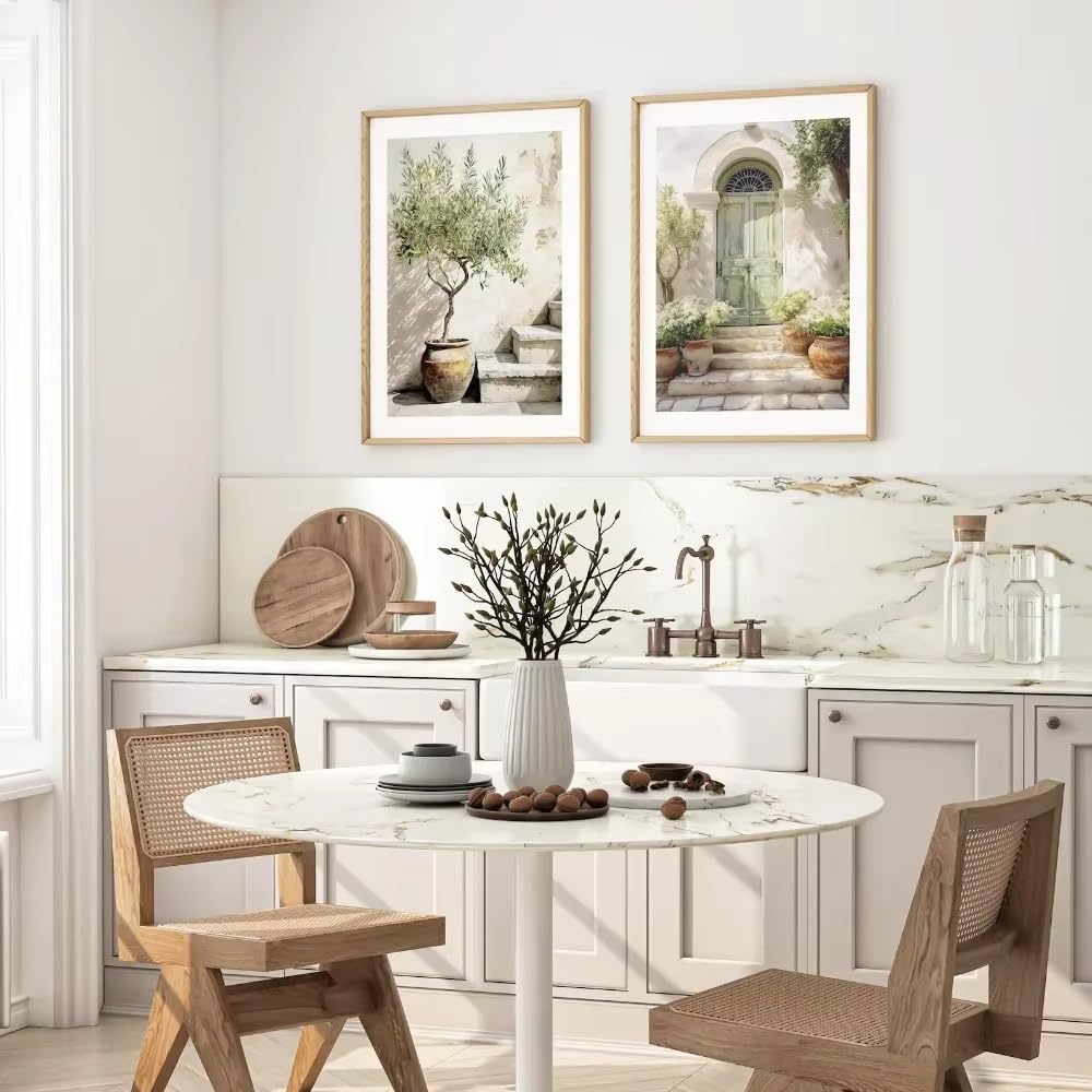 Láminas decorativas con motivos de olivos mediterráneos y puertas para sala de estar o dormitorio (60x80cm - 2 unidades)