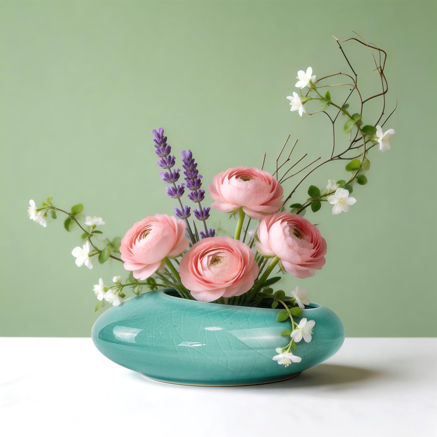 Flower Frog Vase Kit Ikebana Flower Arrangement Ceramic Water Drop Floral Shallow Pot Ge Kiln Bowl Plant Stem Holder Kenzan Home Decor Art Supplies (Ge Kiln Large Size)