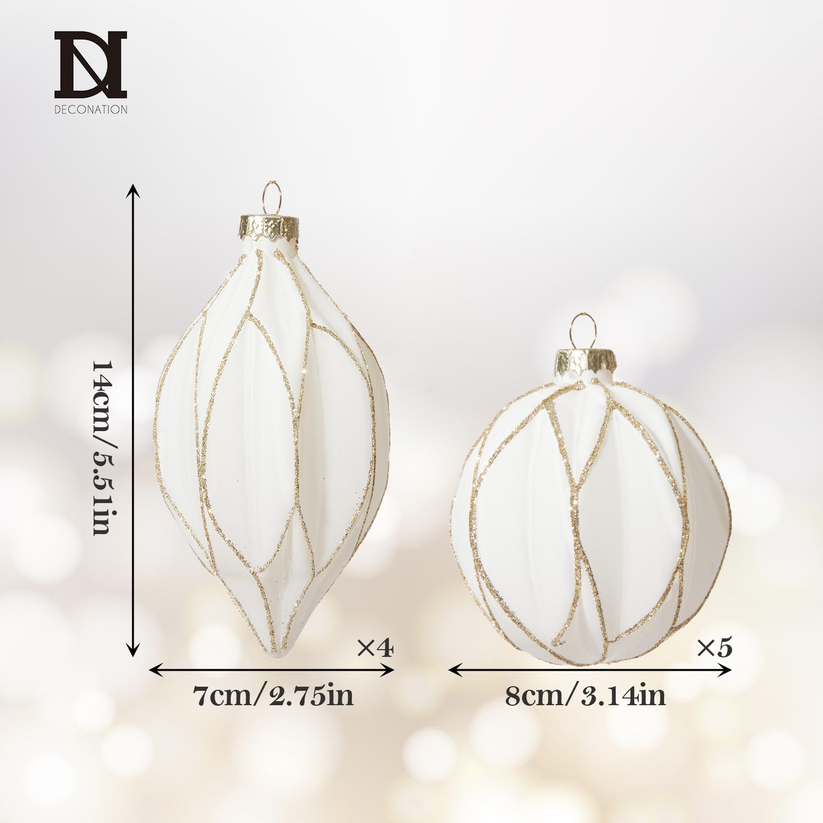 DN DECONATION Weihnachtskugeln Set, 9-teilig - Weiß Gold Christbaumkugeln | mit Linien Design, Glaskugeln mit Goldverzierungen für Tannenbaum Dekoration, Vintage Weihnachtsbaumschmuck