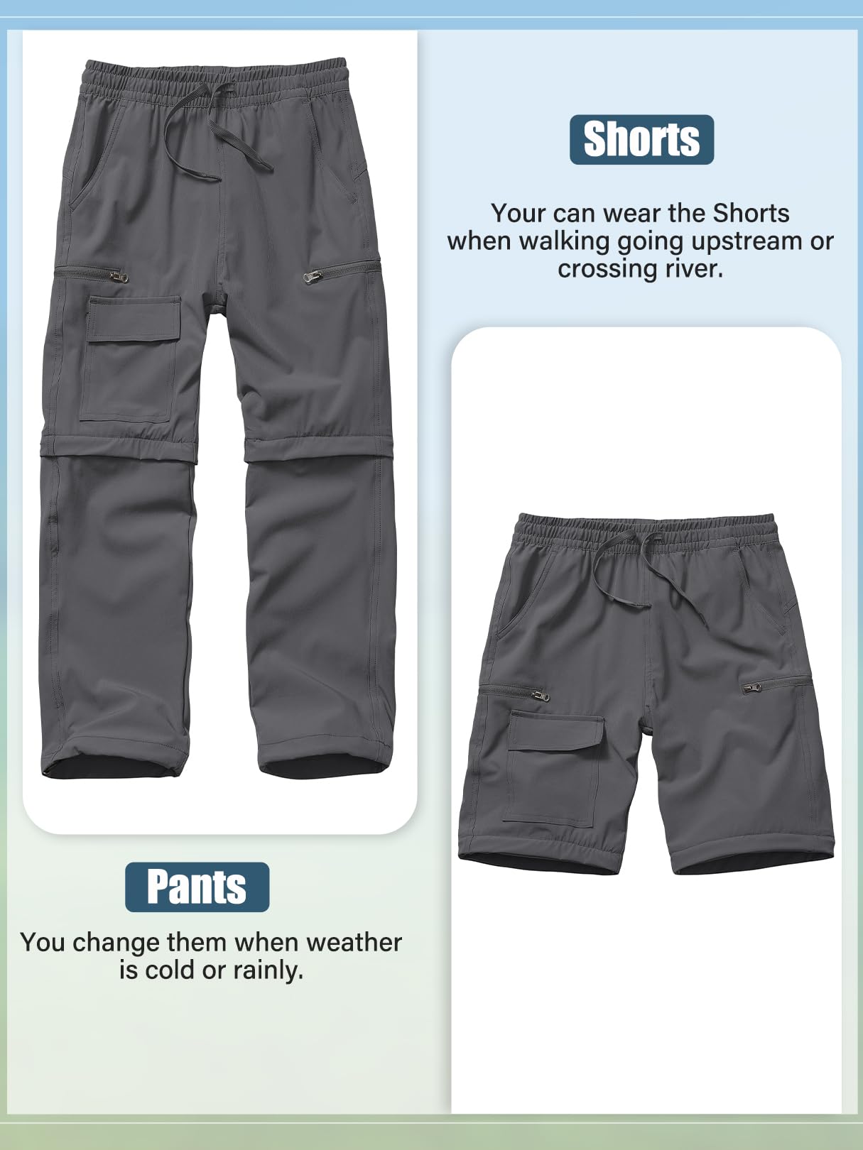 Boys Kids Hiking Cargo Pants, Youth Outdoor Quick Dry UPF 50 Lightweight Waterproof Climbing Caming Safari Convertible Pants #9022-Dark Grey-M