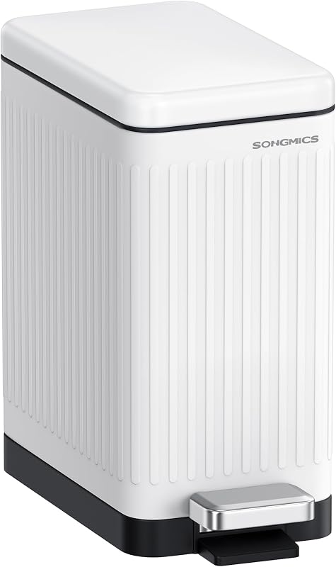 Bote de basura para baño, Bote de basura con tapa de 2,6 galones (10 L), delgado para espacios pequeños, Bote de basura de acero inoxidable, cierre suave, blanco ULTB562W01 | Papelera Slim para Espacios Pequeños, Cierre Suave, Blanco Mate, Colección PATIA ULTB562W01