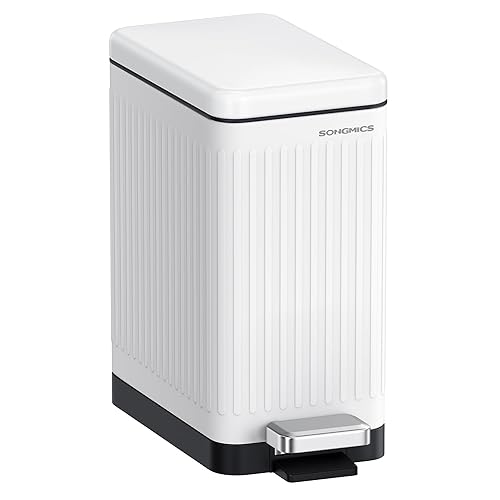 Miniatura 15 de SONGMICS Basurero de baño de 6 litros con tapa, delgado para espacios pequeños, cubo de basura de acero inoxidable, cierre suave, color blanco