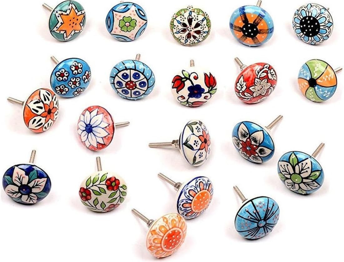 Ceramic Knobs, 12 Pieces Multi Color Handmade Hardware Handles, 2.5-inch Height and 1.7-inch Diameter, Polished, Round, for Kitchens, Bathrooms, Furniture
