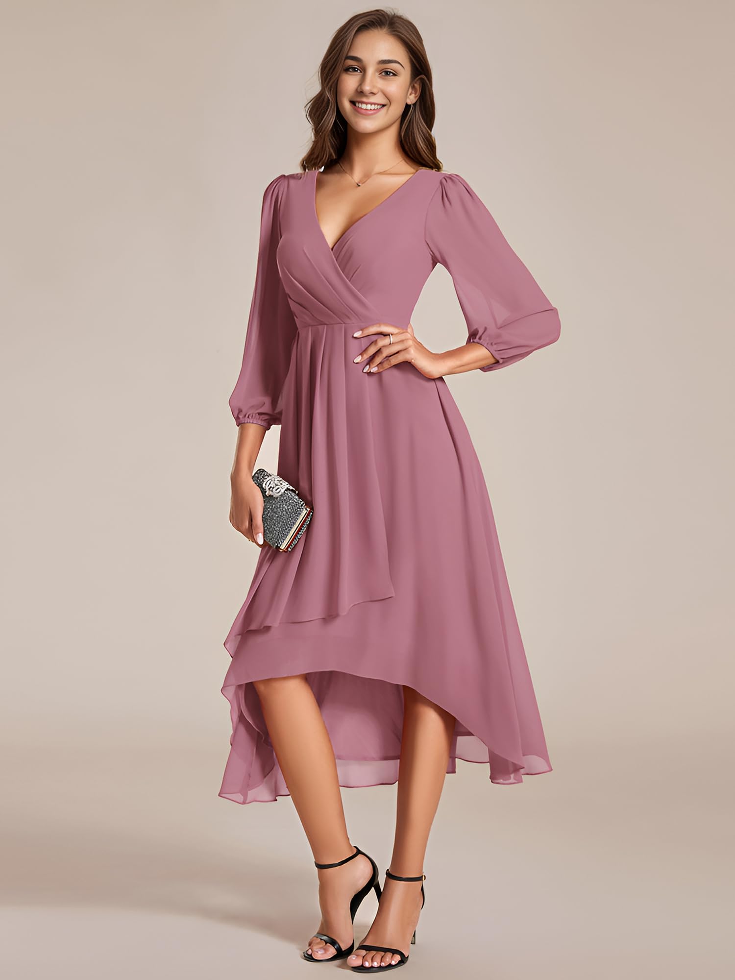 Ever-Pretty Abito da cocktail semi-formale da donna, in chiffon, con scollo a V, maniche a volant, per primavera e estate