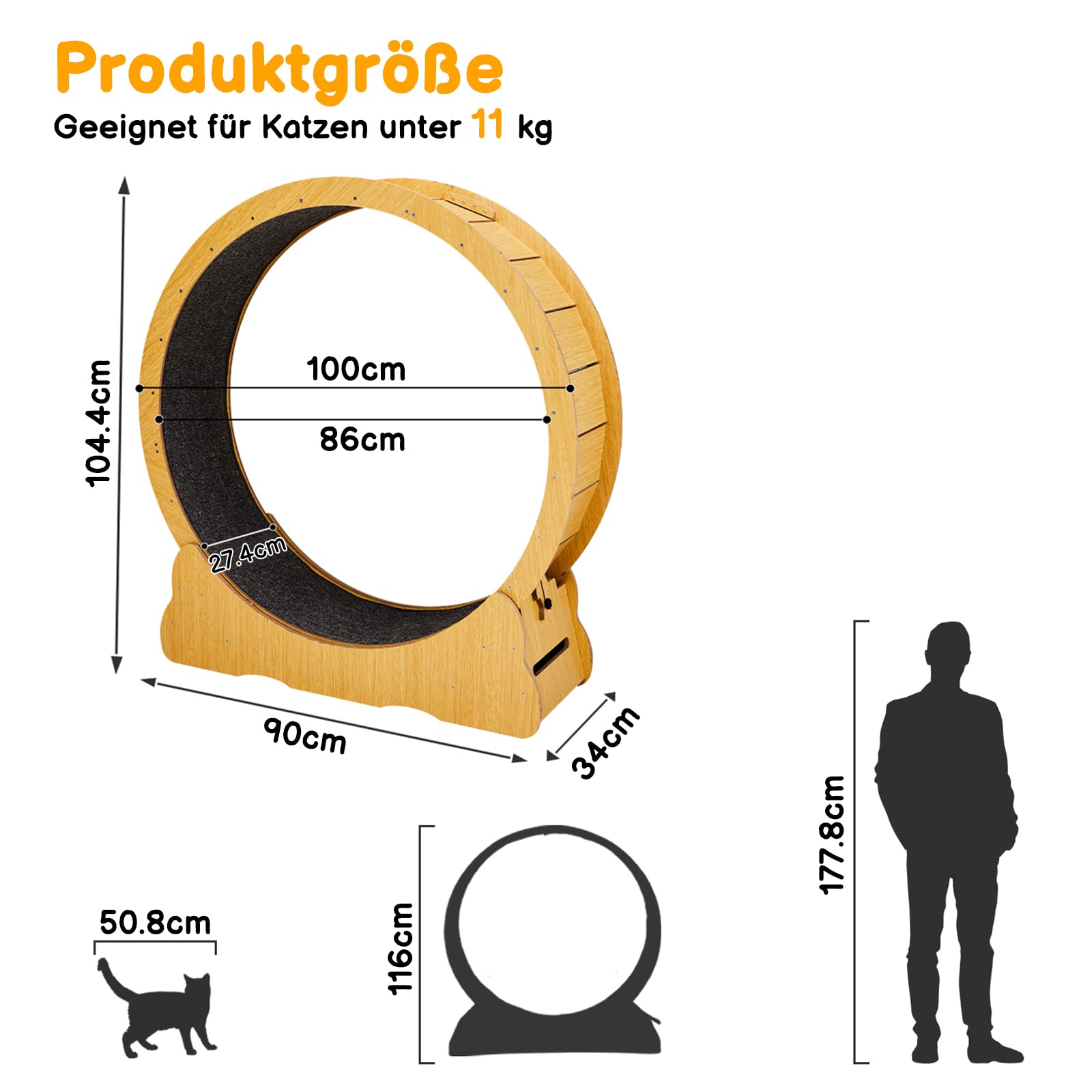 LEADZM Katzenlaufrad | 100cm Durchmesser - Laufrad Katze für große Katzen - Hochdichte Faserplatte, Kratzfest, stabil und leise - Geeignet für Katzen mit einem Gewicht bis zu 11 kg, Holzfarbe