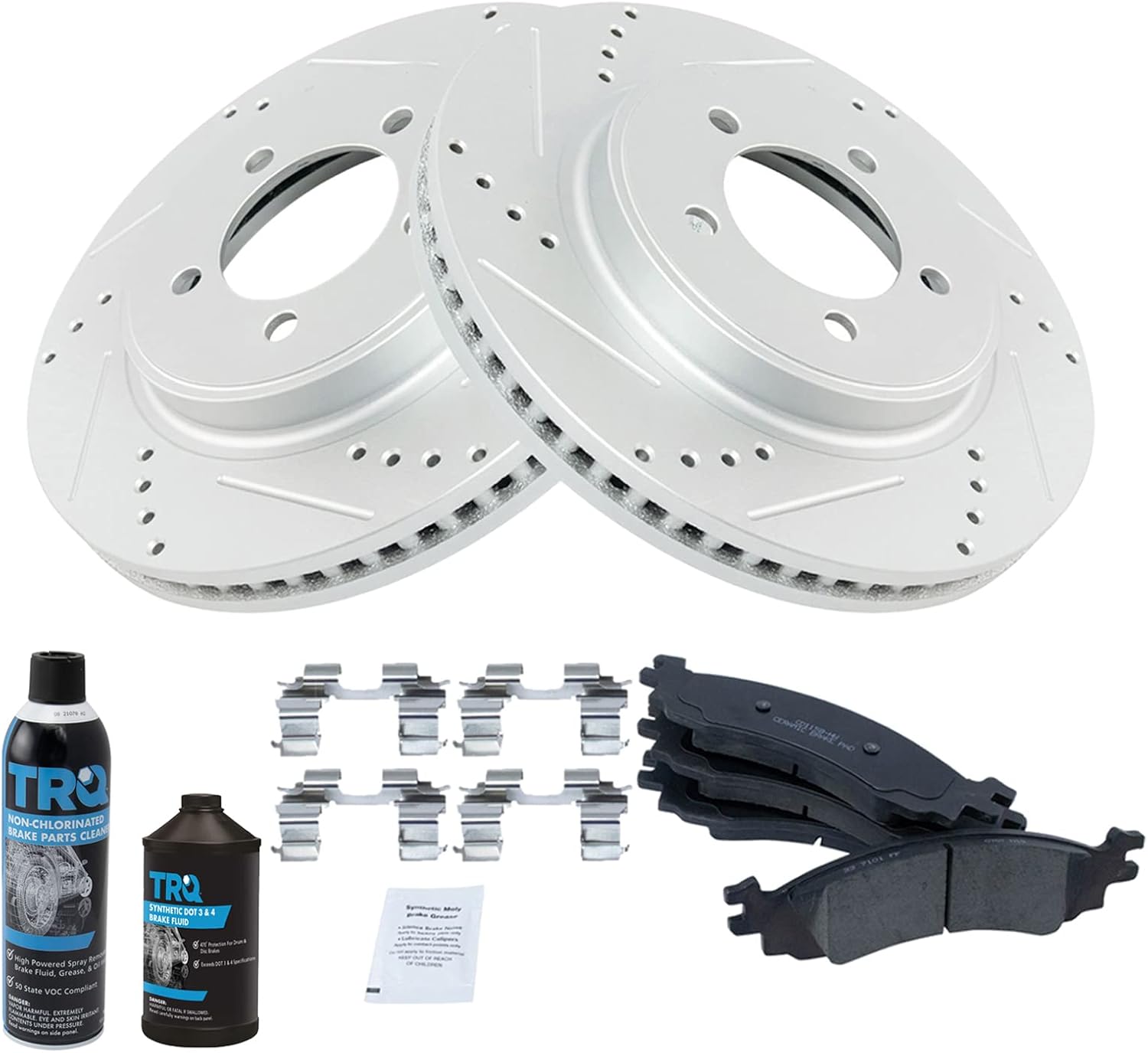 TRQ Front Brake Pad & Rotor Kit Premium G-Coated Performance Ceramic Slotted X Drilled Compatible with 2006-2010 Ford Explorer 2007-2010 Explorer Sport Trac Mercury Mountaineer