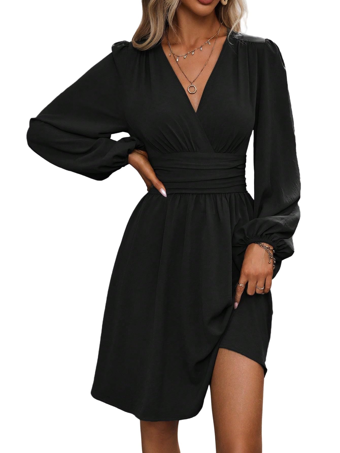 SweatyRocks Kleider Damen Festlich Langarm Wickelkleid Winterkleider Elegant Kleid A Linie Minikleid Hochzeitsgast Kleid Bürokleidung