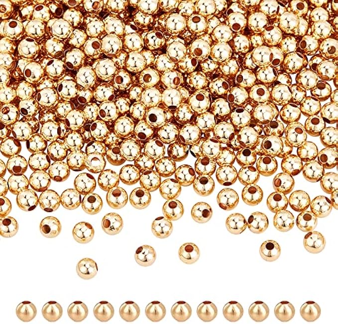 NBEADS About 1000pcs Genuine 18K Gold Plated Solid Brass Beads, 4mm Metal Spacer Beads, Bracelet Necklace Earrings Jewelry Making, 1.2mm Hole