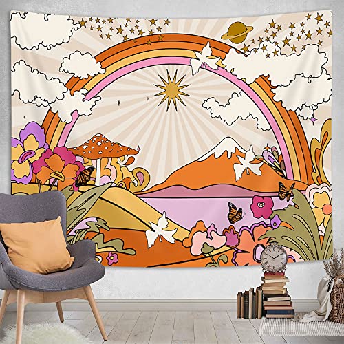 Uokiuki 70'S Groovy Hippie Tapestry For Bathroom, Retro Rainbows Flowers Mushrooms Wall Tapestry, Boho Vintage Tapestry Wall Hanging For Bedroom Living Room Dorm 60 X 40 Inch #TOP1