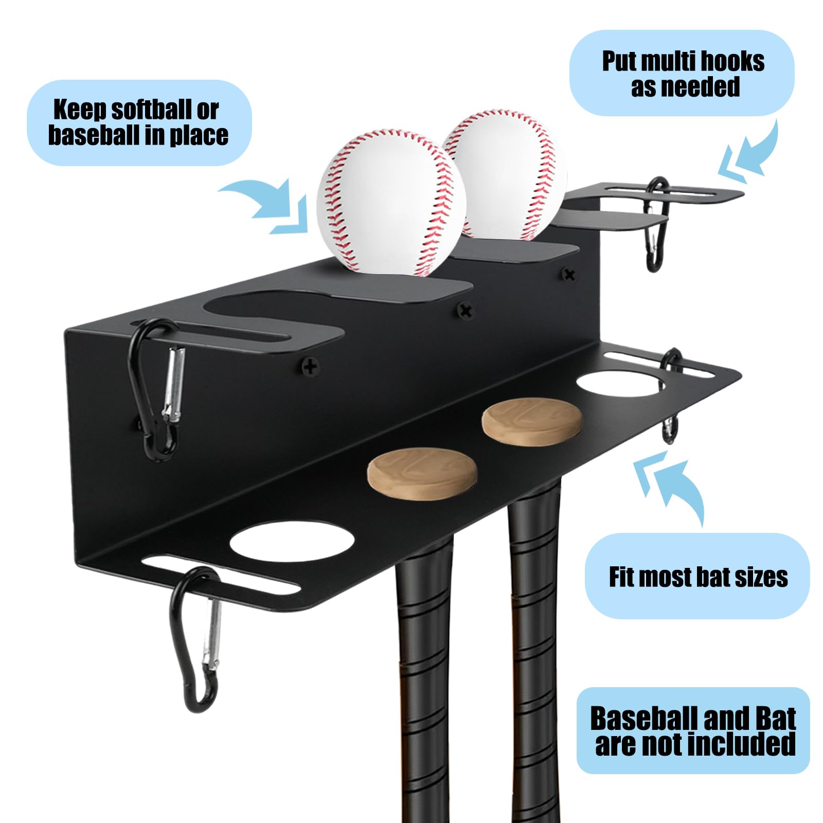 Mensola da baseball in metallo resistente per racchette e palline, organizer per attrezzature sportive (nero)