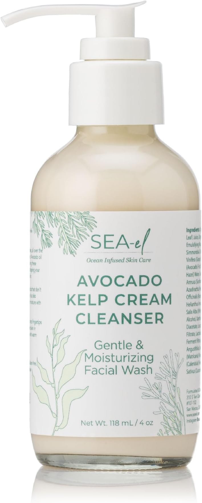 Sea-El Avocado & Kelp Cream Cleanser Non-Foaming Gentle Deep Cleanse to Purify Tone & Firm - Moisturizing Natural Face Wash for Women & Men - 4 Oz