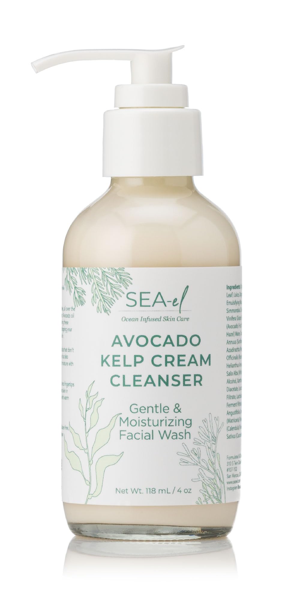 Sea-El Avocado & Kelp Cream Cleanser Non-Foaming Gentle Deep Cleanse to Purify Tone & Firm - Moisturizing Natural Face Wash for Women & Men - 4 Oz