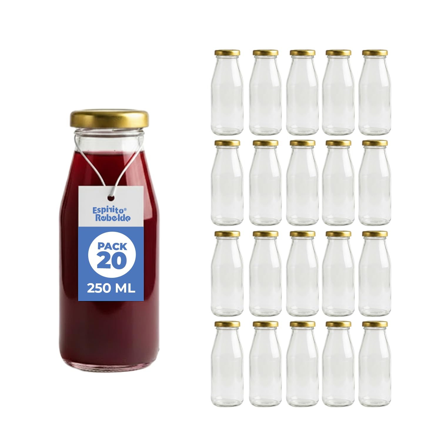 20 Botellas de cristal de 250 ml con tapa Espirito Rebelde para zumo
