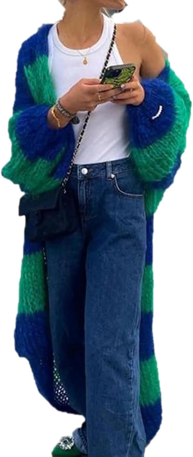 Women Contrast Color Stripe Fuzzy Chunky Knit Long Open Front Cardigan Sweater Loose Slouchy Lantern Sleeve Warm