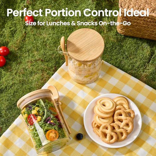 Image of 4 Pack Overnight Oats Containers with Bamboo Lids and Spoons - 22 oz Airtight Glass Jars with Lid, Meal Prep Jars for Chia Pudding, Yogurt, Salad, Cereal, Coffee, Flour | Food Storage Canister