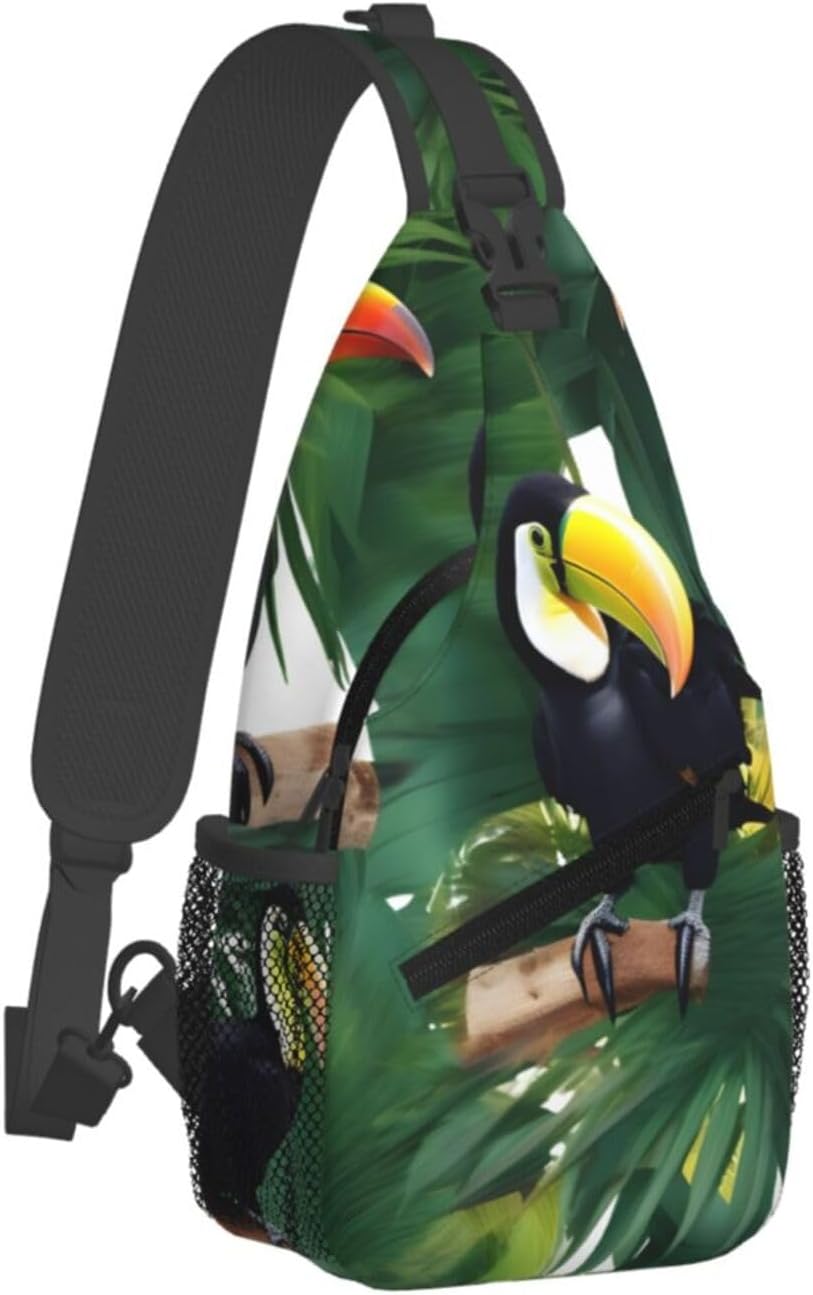 Durable Lightweight Toucans Parrot palm tree leaves Print Cross chest bag diagonally for Travel Commute Daily Use