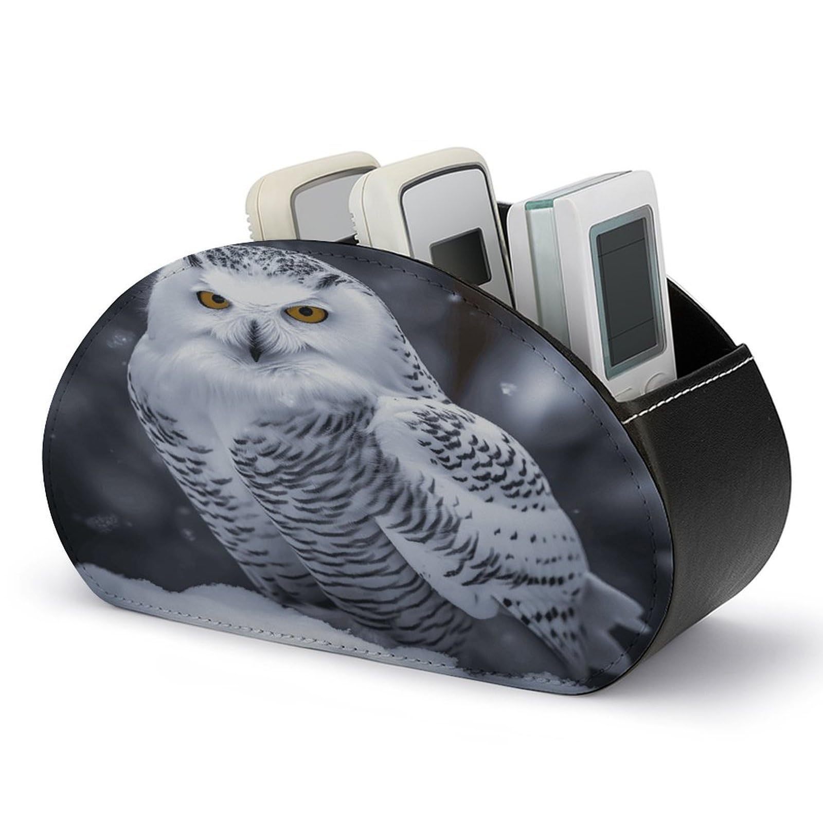 VstaDank Arctic Owl Remote Control Holder with 5 Compartments PU Leather Remote Caddy Desktop Organizer Store TV Remote Control Storage Box for Home Office Desk Nightstand