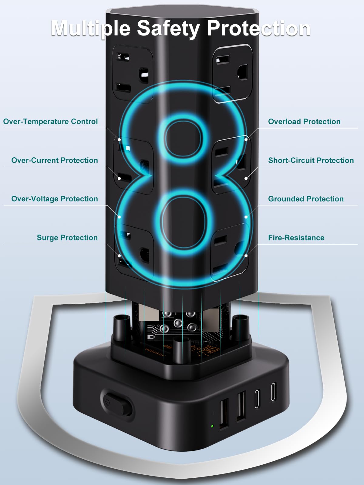 Protector de sobretensiones de torre, cable de extensión de enchufe plano de 6 pies con múltiples tomas, 12 salidas de CA, 4 USB (2 USB C), estación de carga de computadora con protección contra